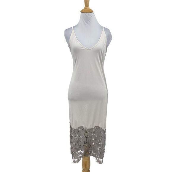 Free People Slip Dress Womens S Small Ivory Satin Gray Lace Detail Layering Midi - Picture 1 of 16